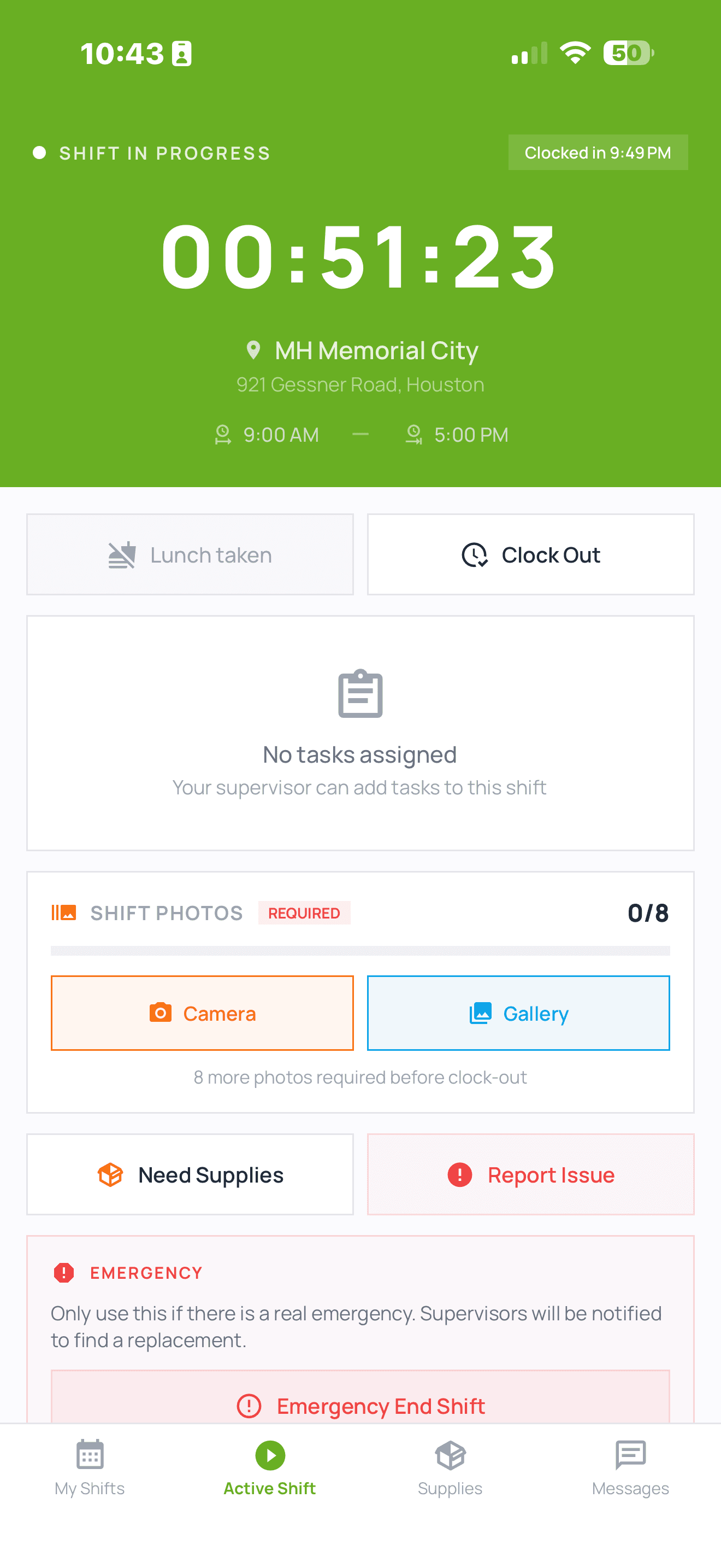 MGS Management App — Active shift with GPS clock-in timer