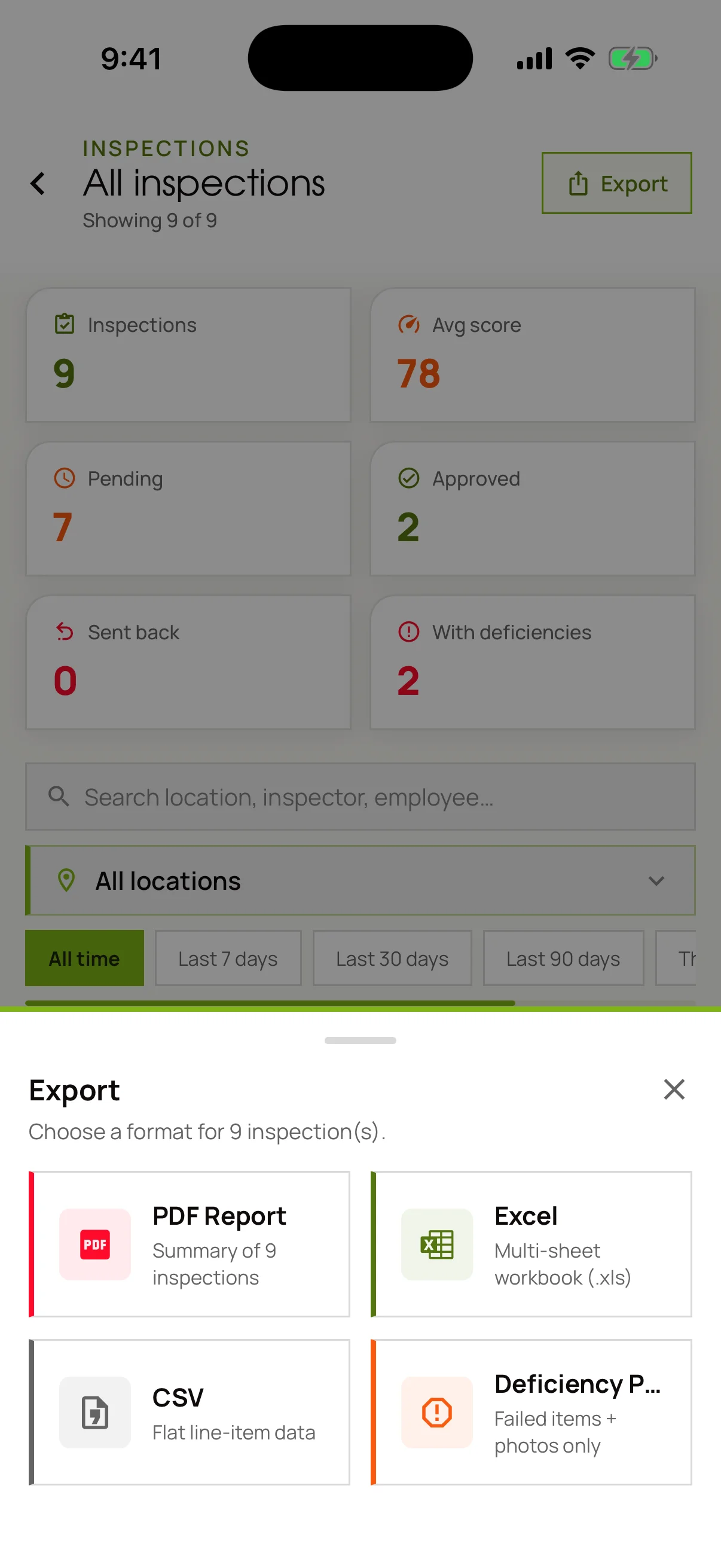 An export sheet offering four formats for nine inspections — PDF Report, Excel multi-sheet workbook, CSV flat line-item data, and a Deficiency Report containing failed items and photos only
