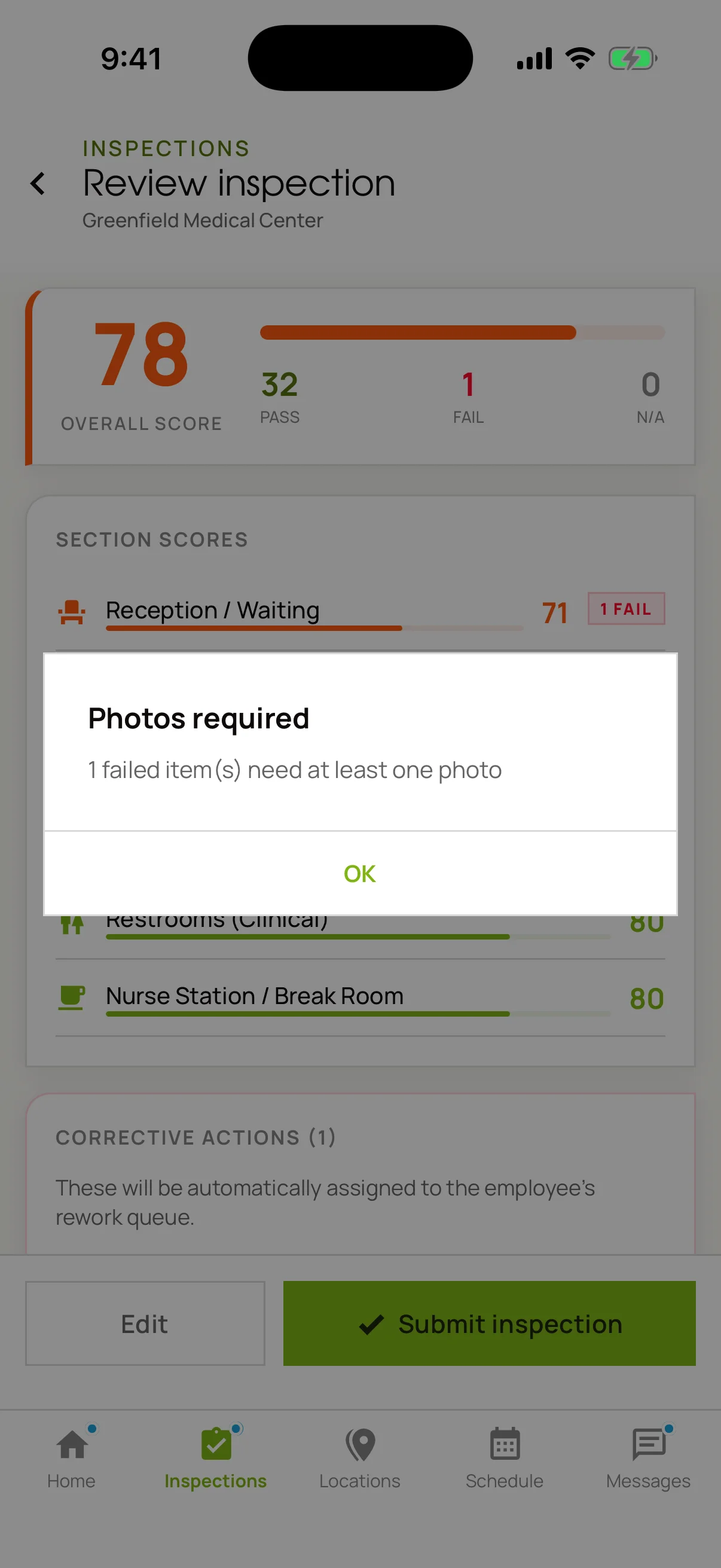The inspection review screen showing an overall score of 78 with 32 passes and one failure, overlaid by a dialog reading “Photos required — 1 failed item(s) need at least one photo”