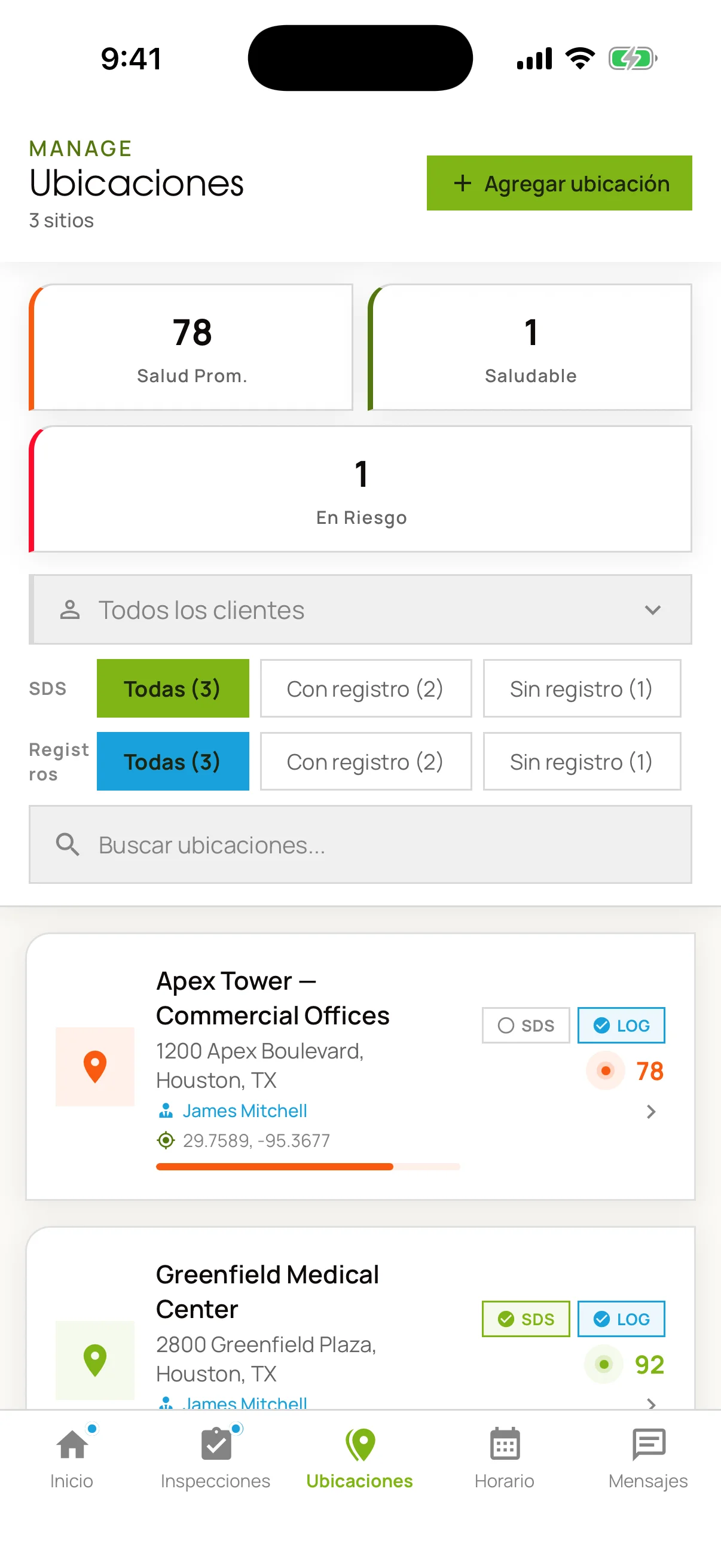 The identical Locations screen in Spanish, headed Ubicaciones, showing the same three sites, the same average of 78, and the same healthy and at-risk counts