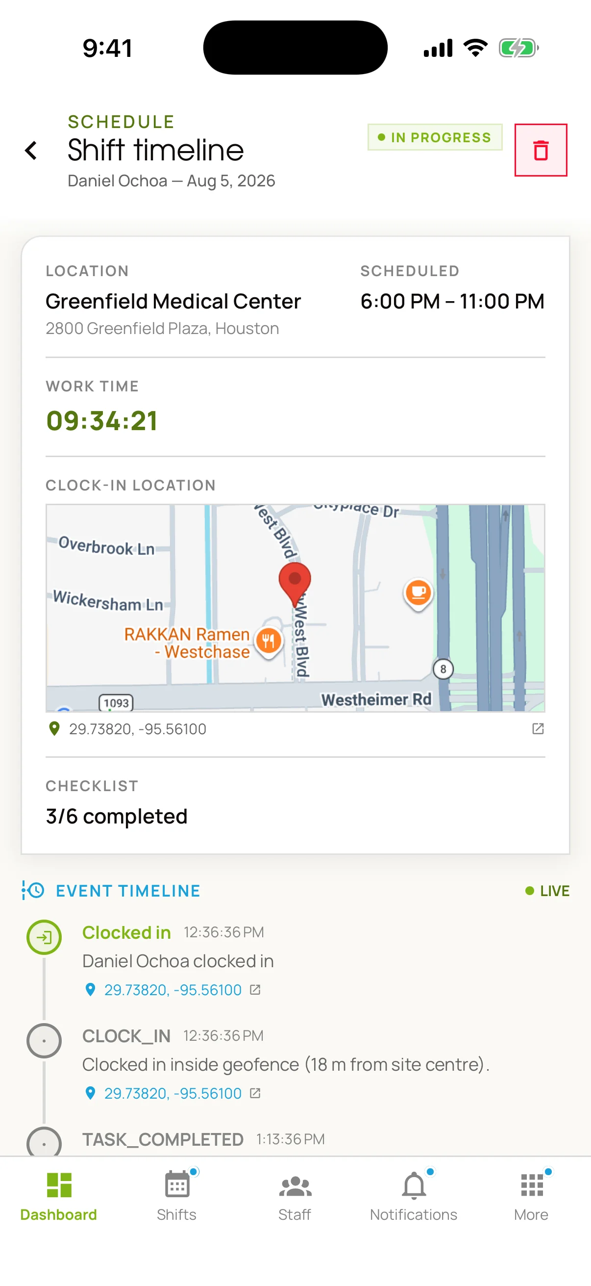 An administrator's shift timeline showing the location, scheduled hours, a running work timer, a map of the clock-in position with coordinates, checklist progress, and an event log reading “Clocked in inside geofence (18 m from site centre)”