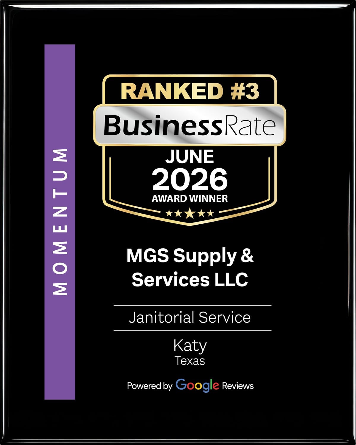BusinessRate plaque: Ranked #3, Janitorial Service, Katy, Texas, June 2026