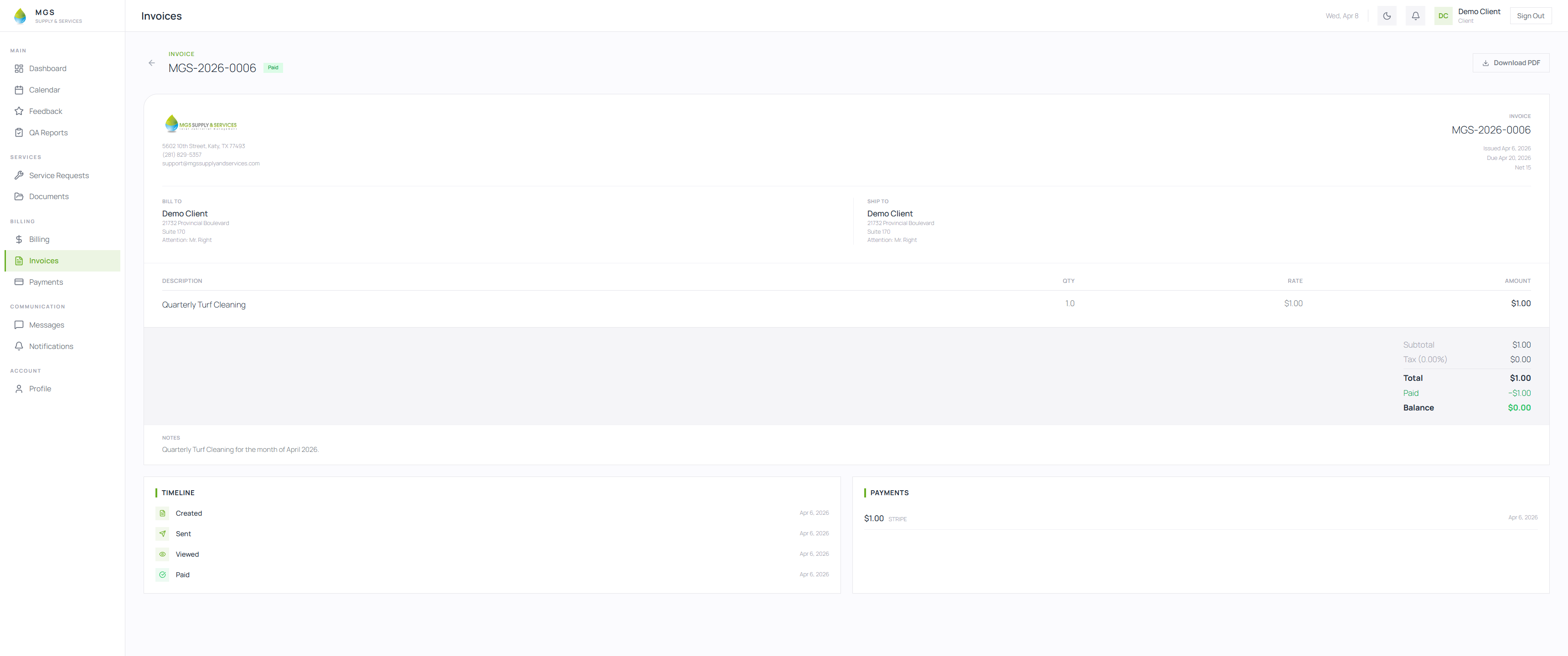 MGS Client Portal — Invoice detail with payment timeline